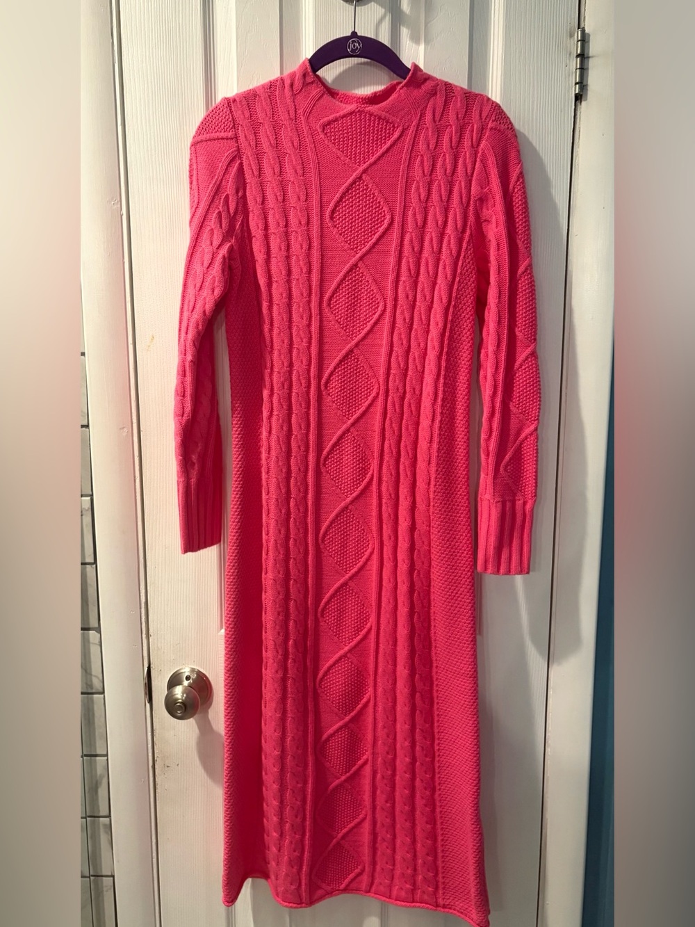 Roolee Hot Pink Cable Knit Long Sweater Dress